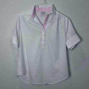 Vintage American Spectator Made In USA Women White‎ Pink Short Sleeve Shirt M